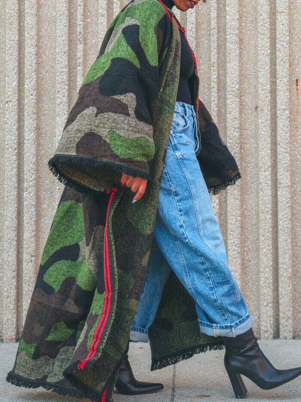 Camo Casual Elegant Women's Fringe Trim Flare Sleeve Long Open Front Cardigan